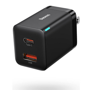 Baseus 30W Dual-Port USB-C PD Fast Charger | Compact & Foldable for iPhone, iPad, Samsung, Pixel – Black