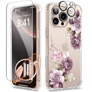 GVIEWIN Case for iPhone 16 Pro Max | Clear Floral 6.9" Cover with Screen & Camera Protectors, Military-Grade – Cherry Blossoms/Purple