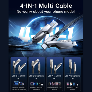 [Upgraded] 4-in-1 USB-C Charging Cable | 60W Fast Charge, 3FT Nylon Braided, Lightning/Type-C/USB-A, 480Mbps Data Sync