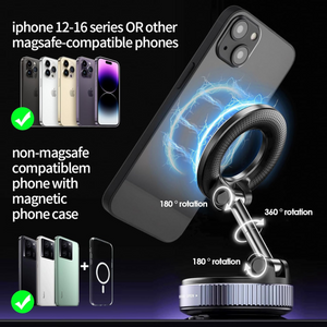 Magnetic 360° Phone Mount | MagSafe-Compatible Suction Holder for Car, Kitchen, Mirror, Gym – Black